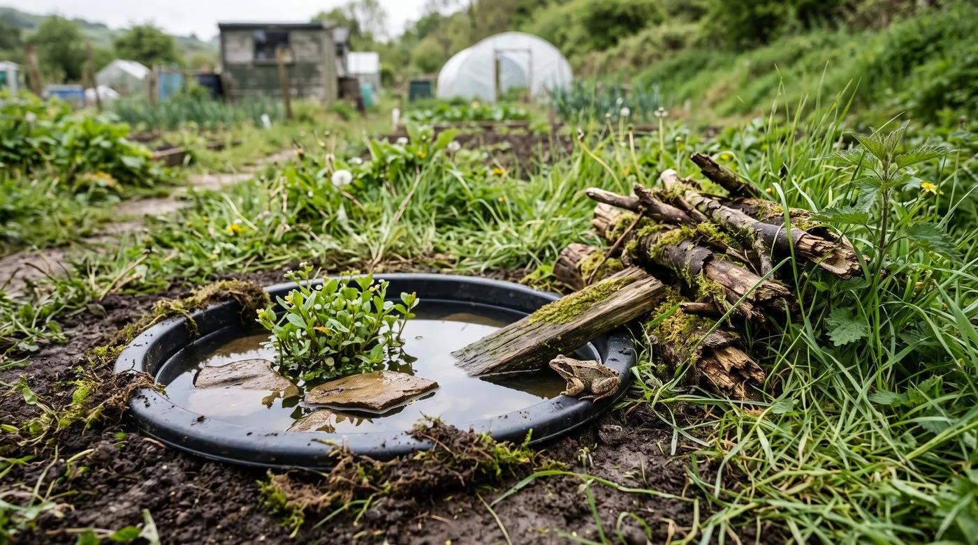 Washing-up bowl sunk into allotment soil as a mini pond with stones, a wooden ramp and a frog on the rim