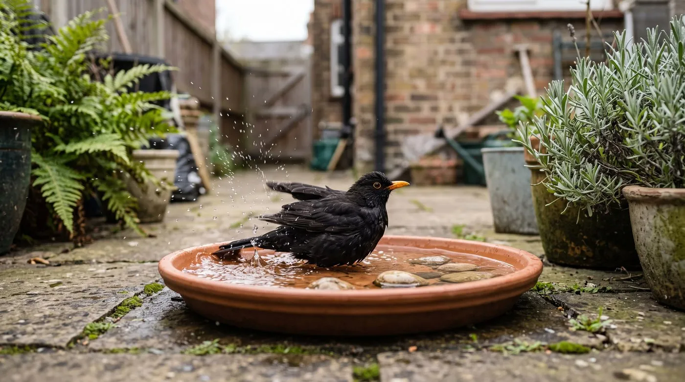 Blackbird bathing in a shallow saucer of water with pebbles in a small UK paved back yard