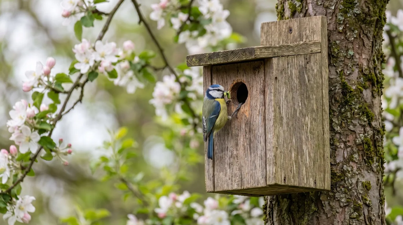 Blue tit at the small round entrance hole of a wooden nest box fixed high on a garden tree