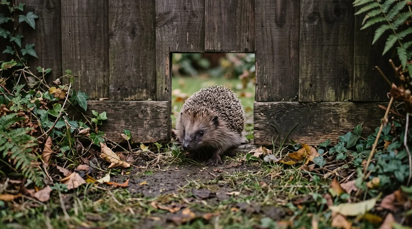 Hedgehog squeezing through a 13cm square hedgehog highway hole at the bottom of a garden fence at dusk