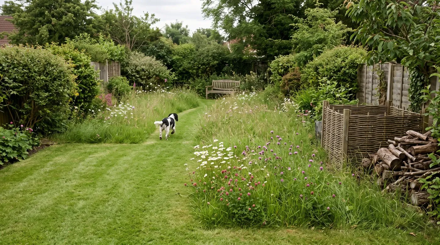 Mown path curving through a wildflower patch at the end of a UK back garden, with a spaniel on the path