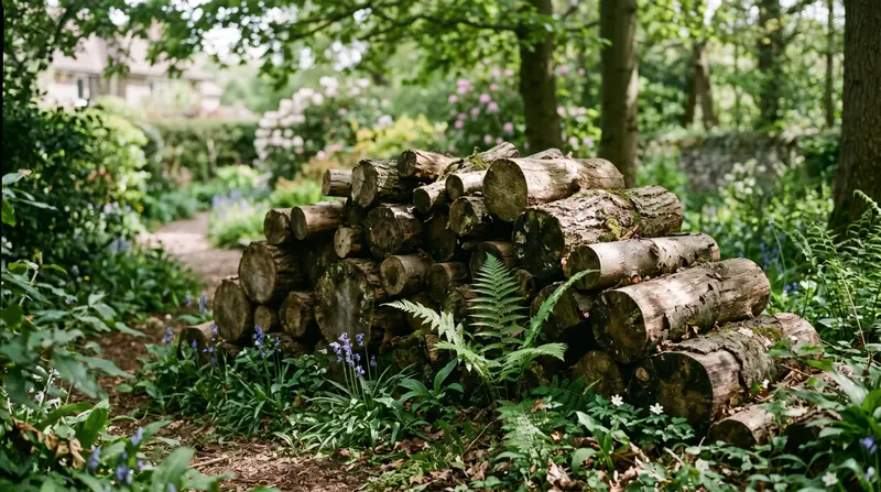 Wildlife log pile UK with stacked oak and beech logs in a shady garden corner, ferns and moss colonising the base