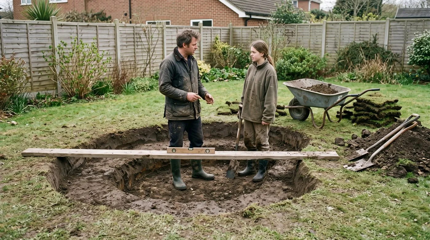 Father and teenage daughter in a freshly dug wildlife pond hole with shelves, a sloping beach and a level across the rim