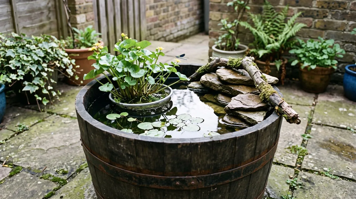 Half-barrel wildlife pond with marsh marigold, frogbit and a stone ramp on a small UK city patio
