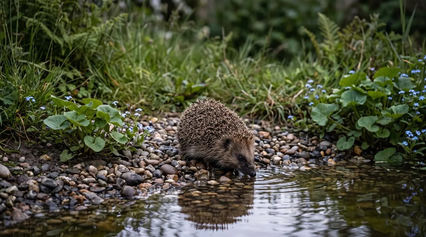 Hedgehog drinking from the gently sloping pebble beach of a UK garden wildlife pond at dusk