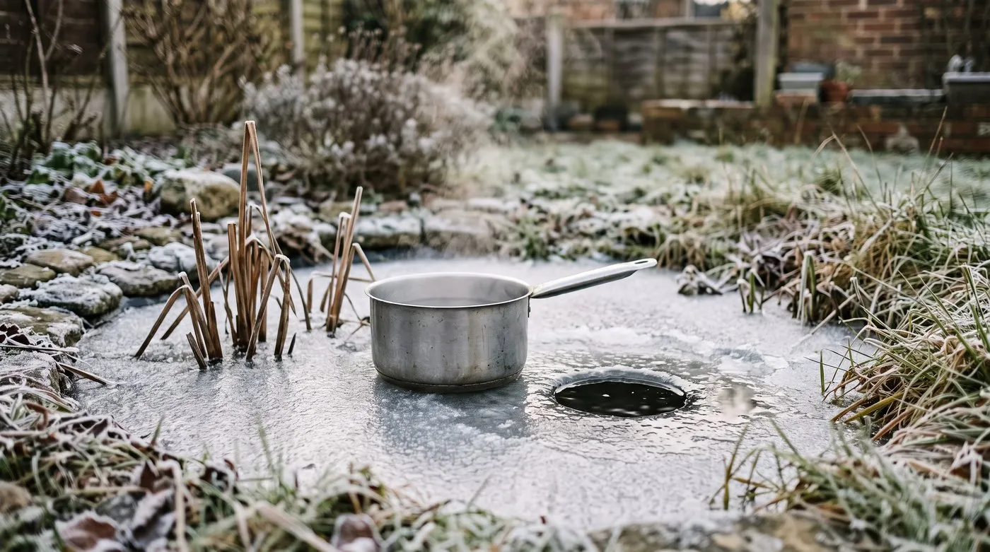 Saucepan of hot water melting a hole in the ice on a frozen wildlife pond, with dead stems left standing