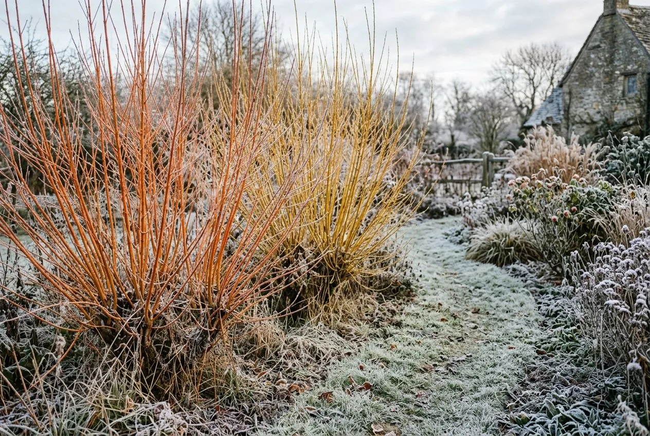 Coloured willow stems in winter showing orange-red Britzensis and golden-yellow Vitellina side by side in a frosty UK garden