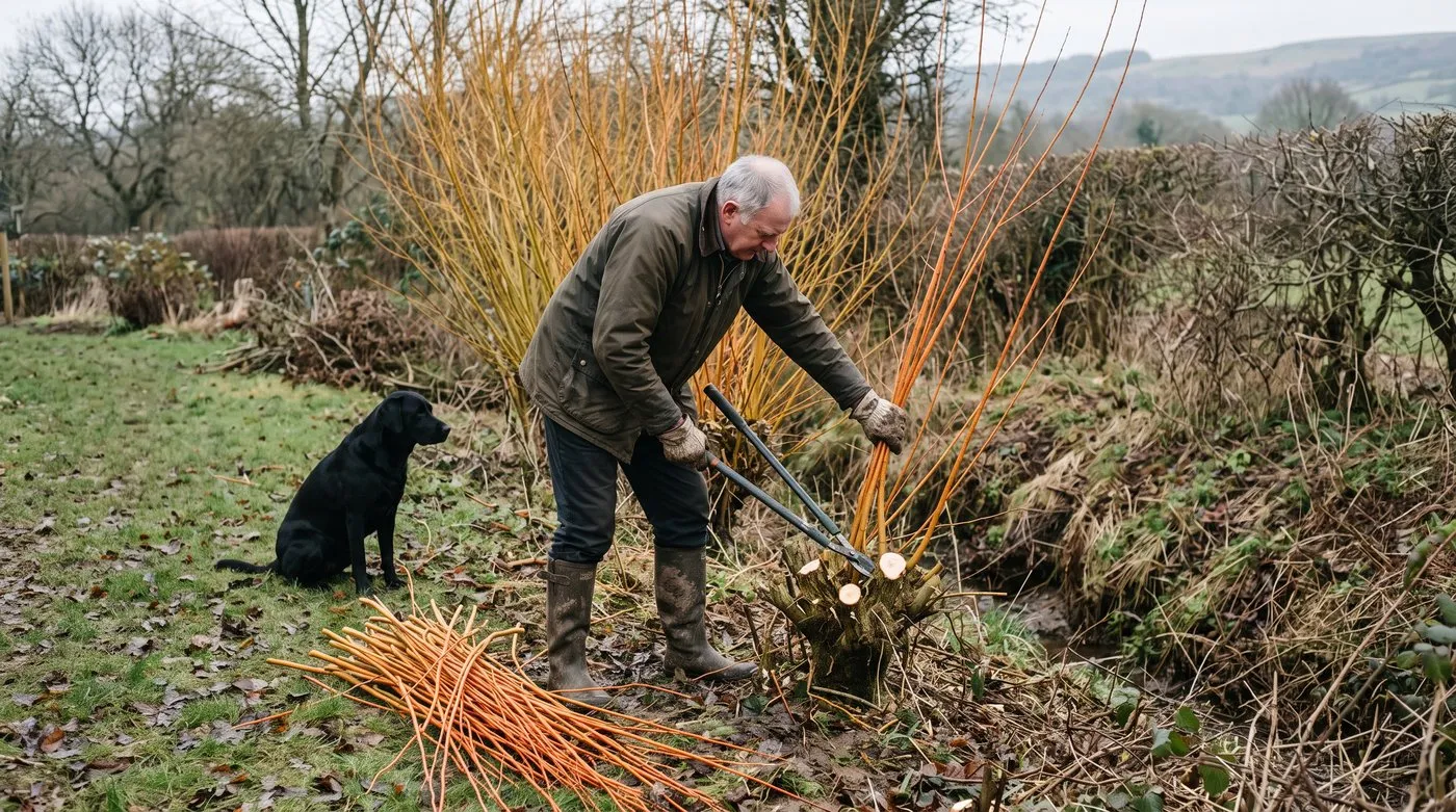 Gardener coppicing orange-red willow stems to a low stool as a Labrador waits nearby
