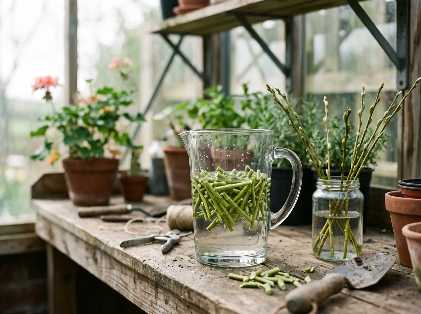 Chopped willow stems steeping in a glass jug of water on a UK potting bench to make natural rooting hormone