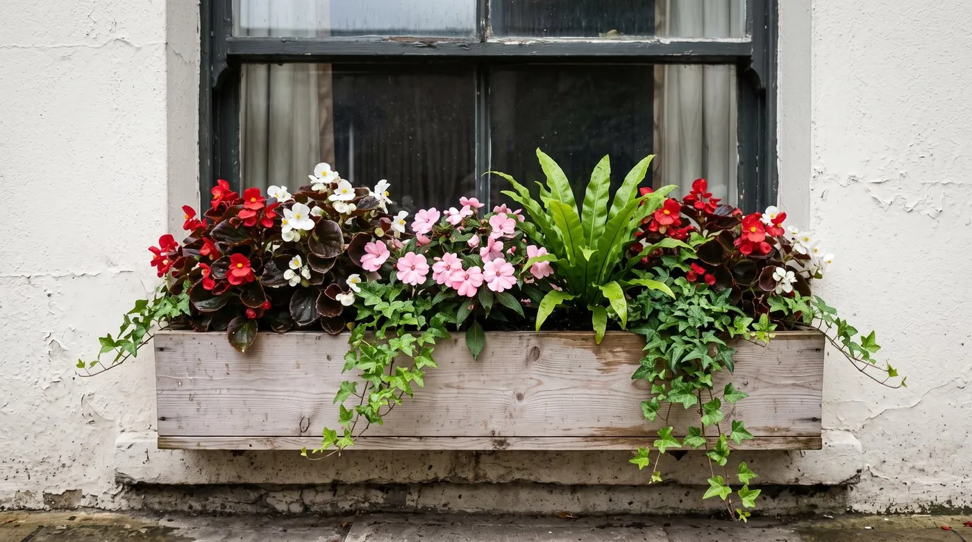 Shady window box with red and white begonias, a small fern, pink busy lizzies and trailing ivy