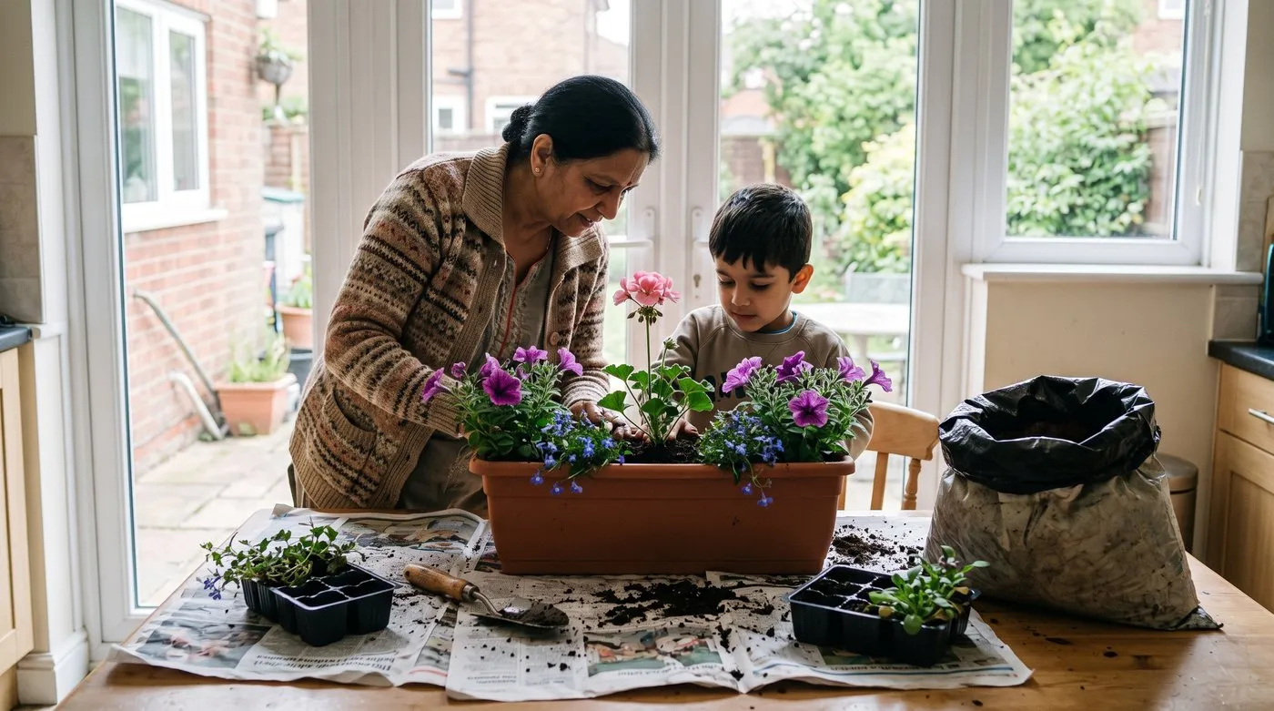 Grandmother and grandson planting a window box with an upright pelargonium, petunias and trailing lobelia