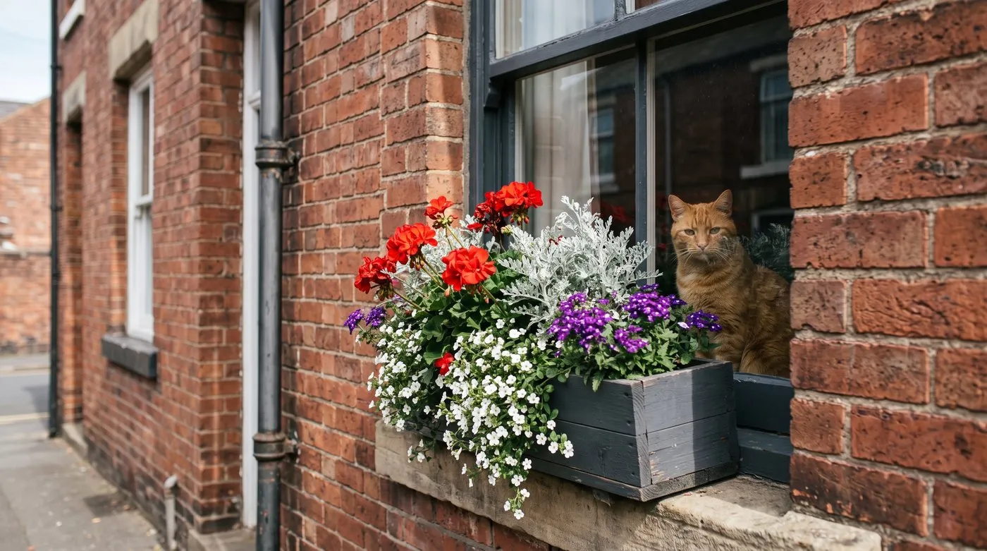 Summer window box on a brick terrace with red pelargoniums, purple verbena and trailing silver helichrysum