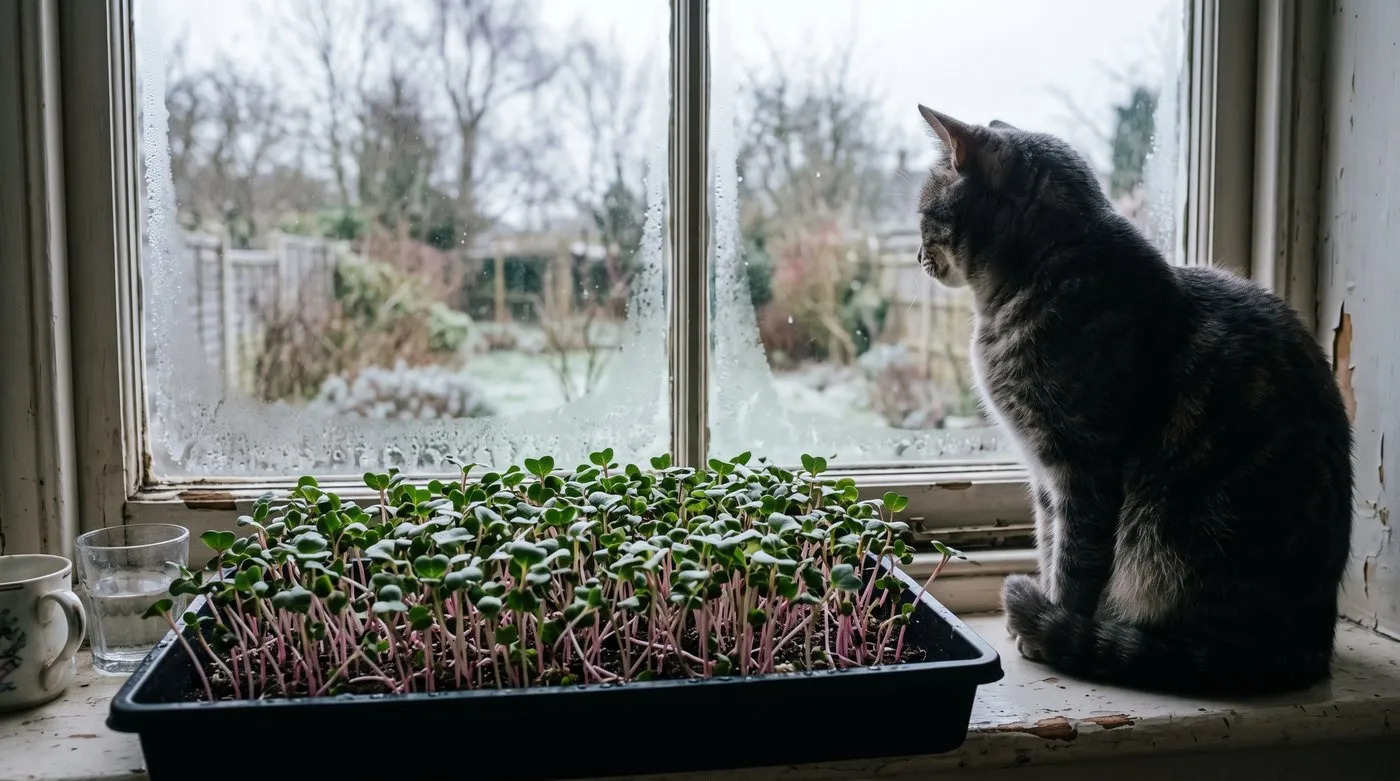 Tray of radish microgreens on a frosty winter windowsill with a tabby cat sitting beside it