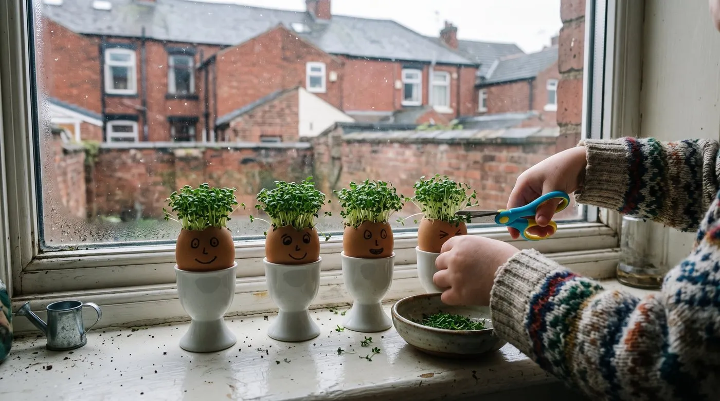 Eggshell cress heads with drawn faces on a windowsill as a child snips the cress with scissors