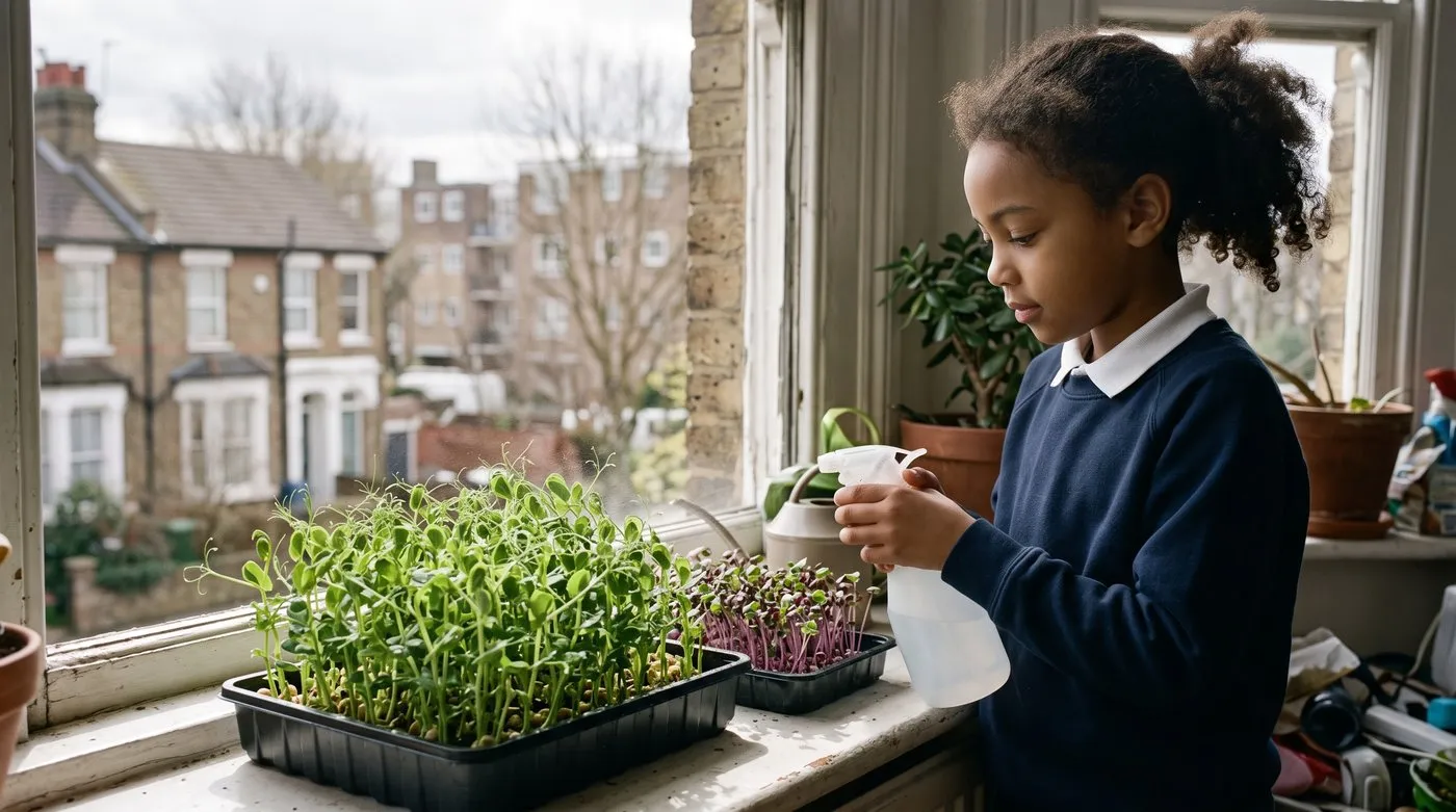 Girl misting trays of pea shoots and radish microgreens on a flat windowsill