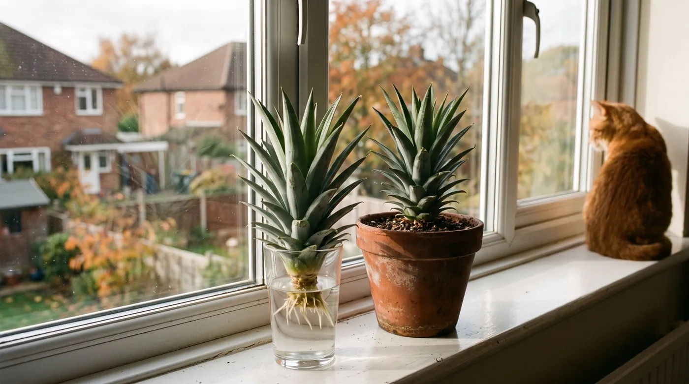 Pineapple top rooting in a glass of water beside a potted pineapple plant on a windowsill
