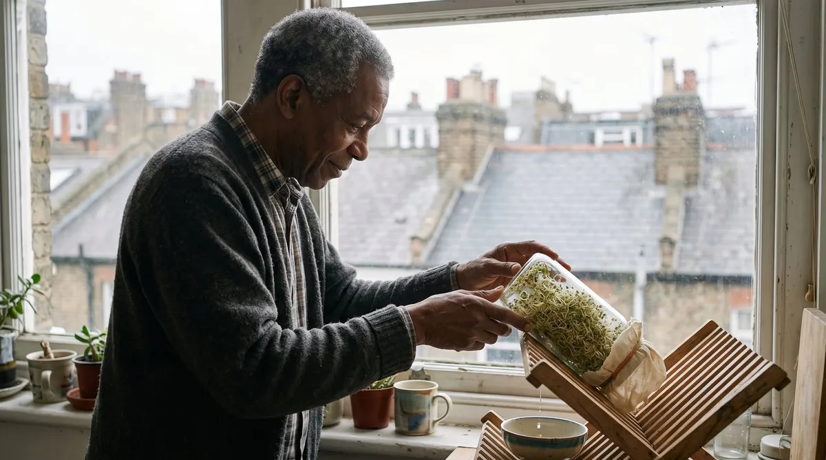 Jar of alfalfa sprouts tilted mouth down in a dish rack on a kitchen windowsill to drain