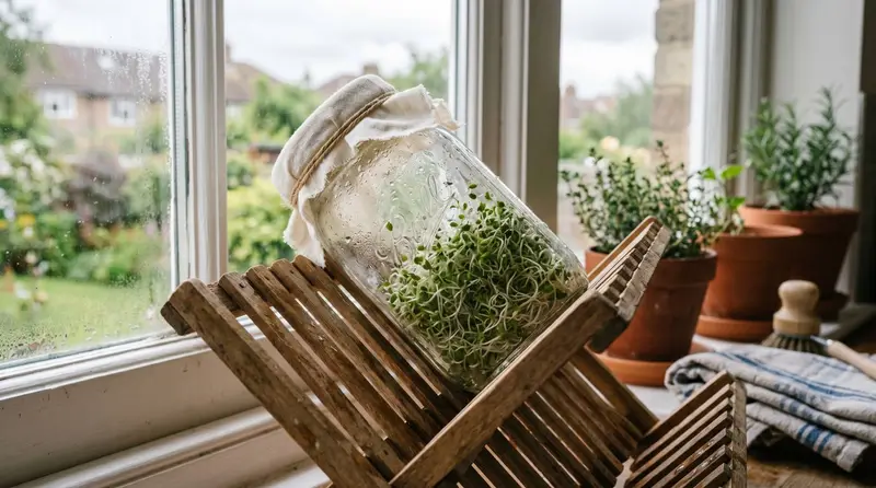 A glass jar of fresh alfalfa sprouts with a muslin lid draining at an angle on a bright UK kitchen windowsill
