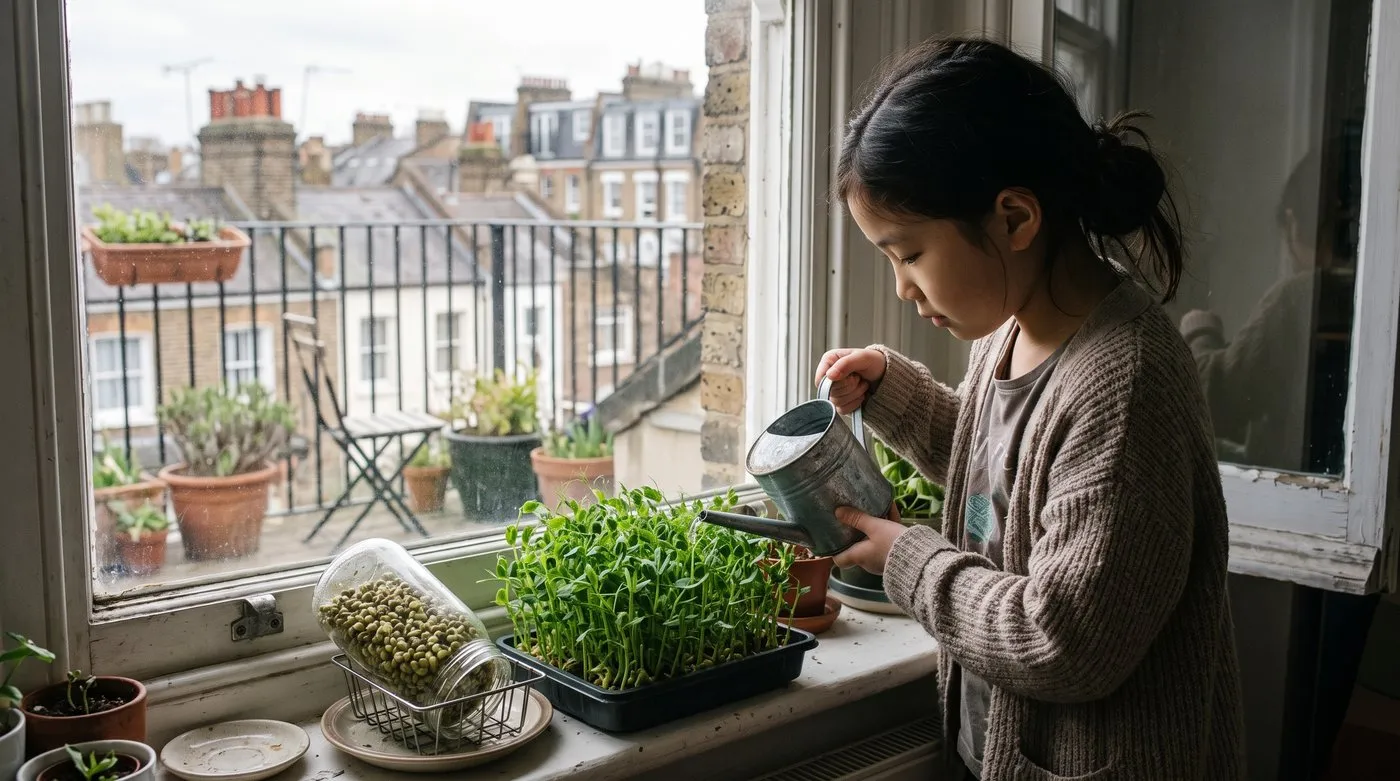 Girl watering a tray of pea shoot microgreens beside a draining jar of mung bean sprouts on a windowsill