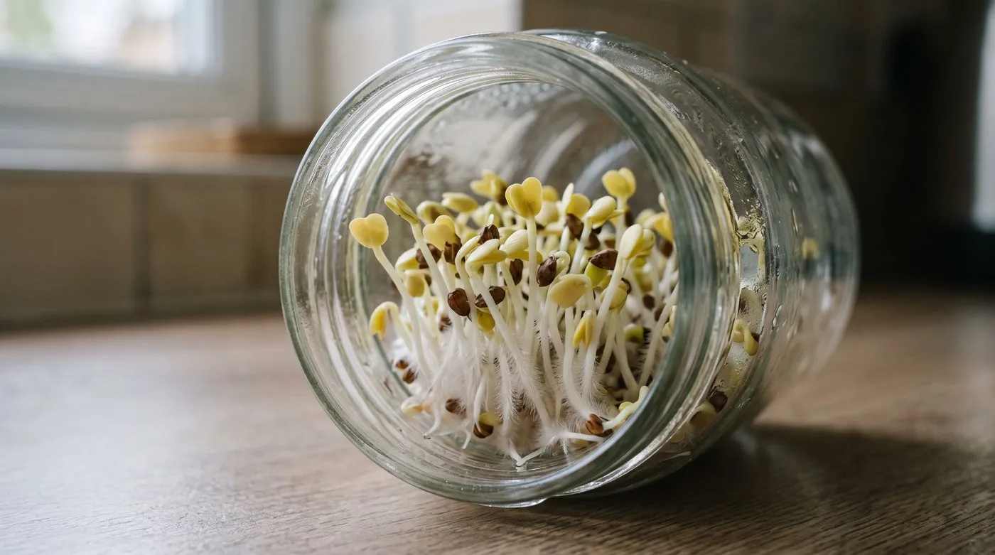 Close-up of radish sprouts with fine, even white root hairs around each root