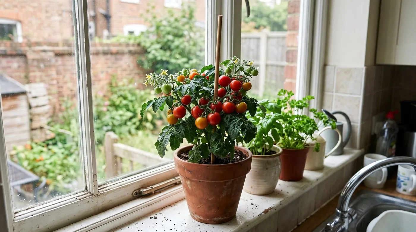 A dwarf cherry tomato plant ripening in a pot on a sunny kitchen windowsill
