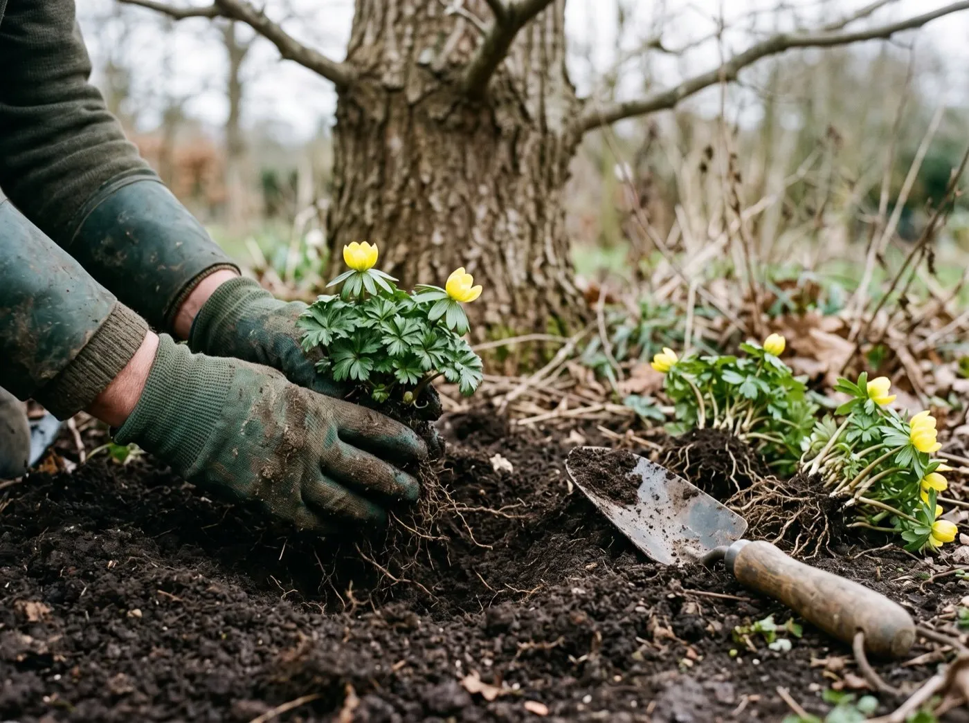 Gardener planting winter aconite in the green in small leafy clumps under a bare deciduous tree