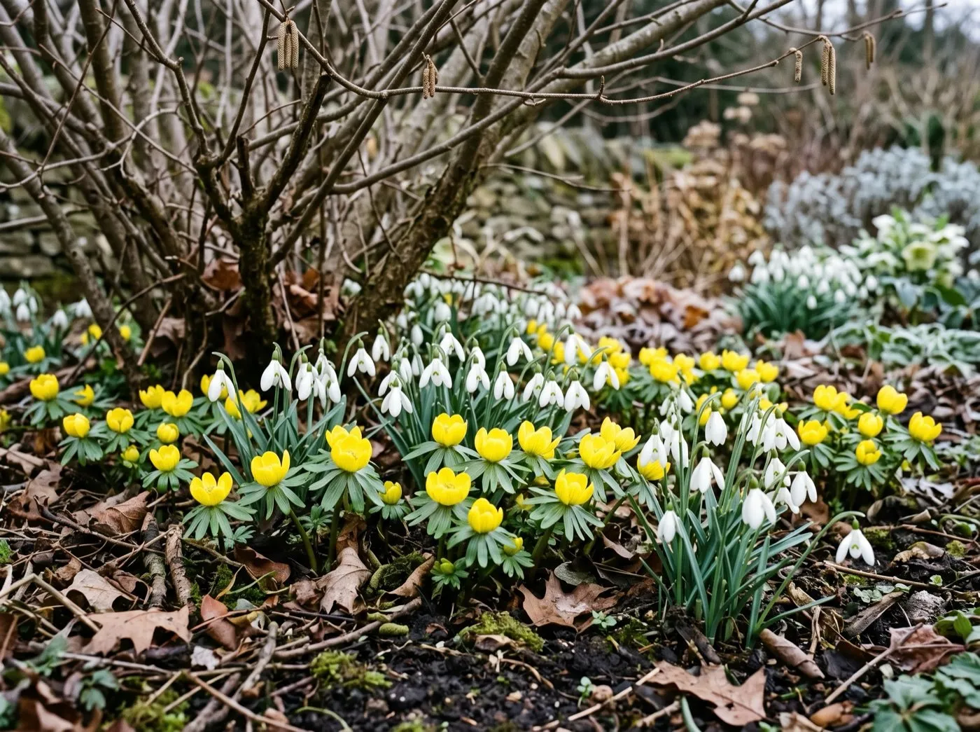 Winter aconite and snowdrops flowering together, yellow cups among white snowdrop bells in a cottage garden border