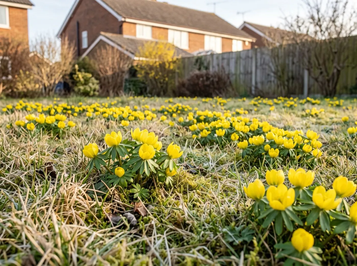 Winter aconite naturalised across a suburban back garden lawn in low winter sun with a house behind
