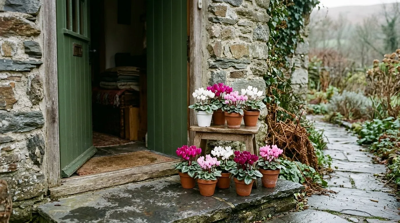 Mini cyclamen winter bedding plants displayed in a sheltered stone cottage porch