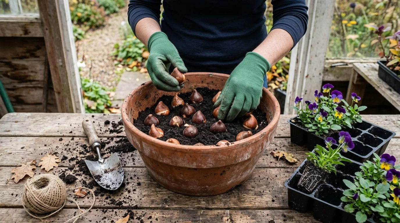 Planting a layered winter bedding plants pot with bulbs and violas on a potting bench