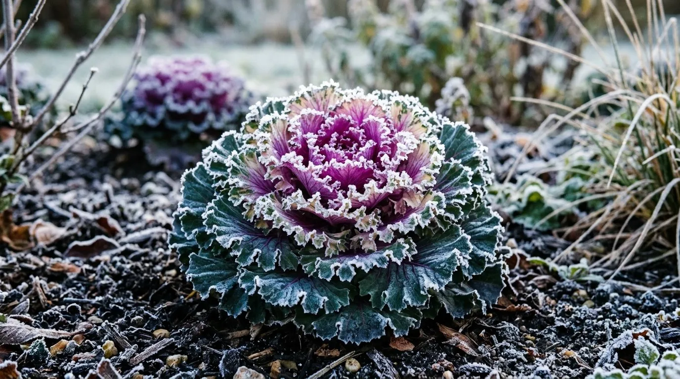 Ornamental kale winter bedding plants close up with frost on purple leaves