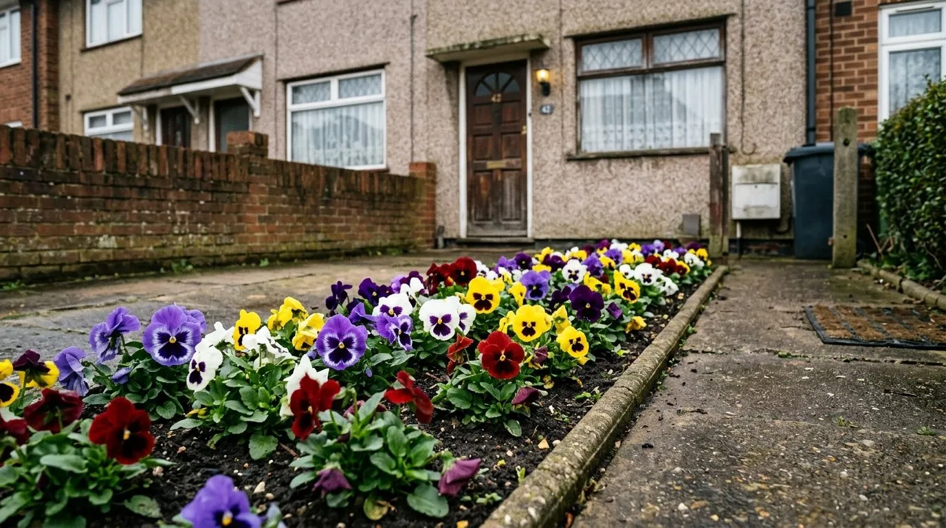 Winter bedding plants bed of mixed pansies in a front garden