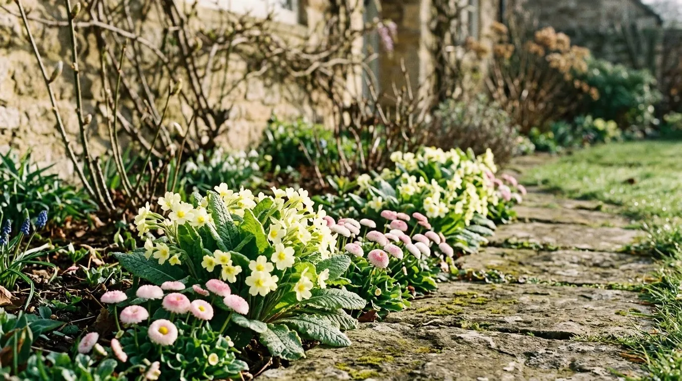 Winter bedding plants of primroses and bellis daisies edging a cottage garden border