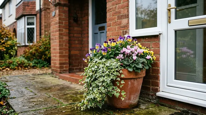 Layered winter bedding plants container of violas, cyclamen and ivy beside a UK front door