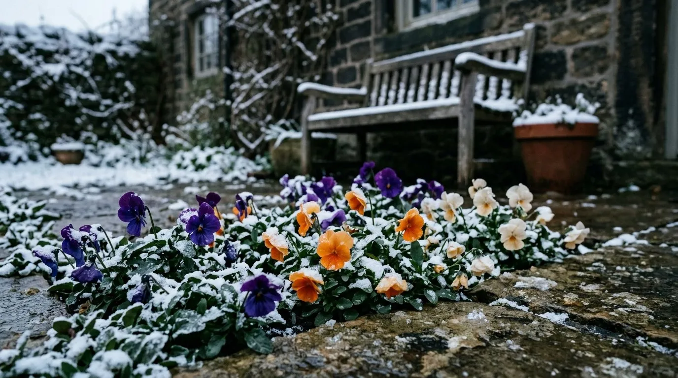 Viola winter bedding plants flowering in light snow in a Yorkshire back yard