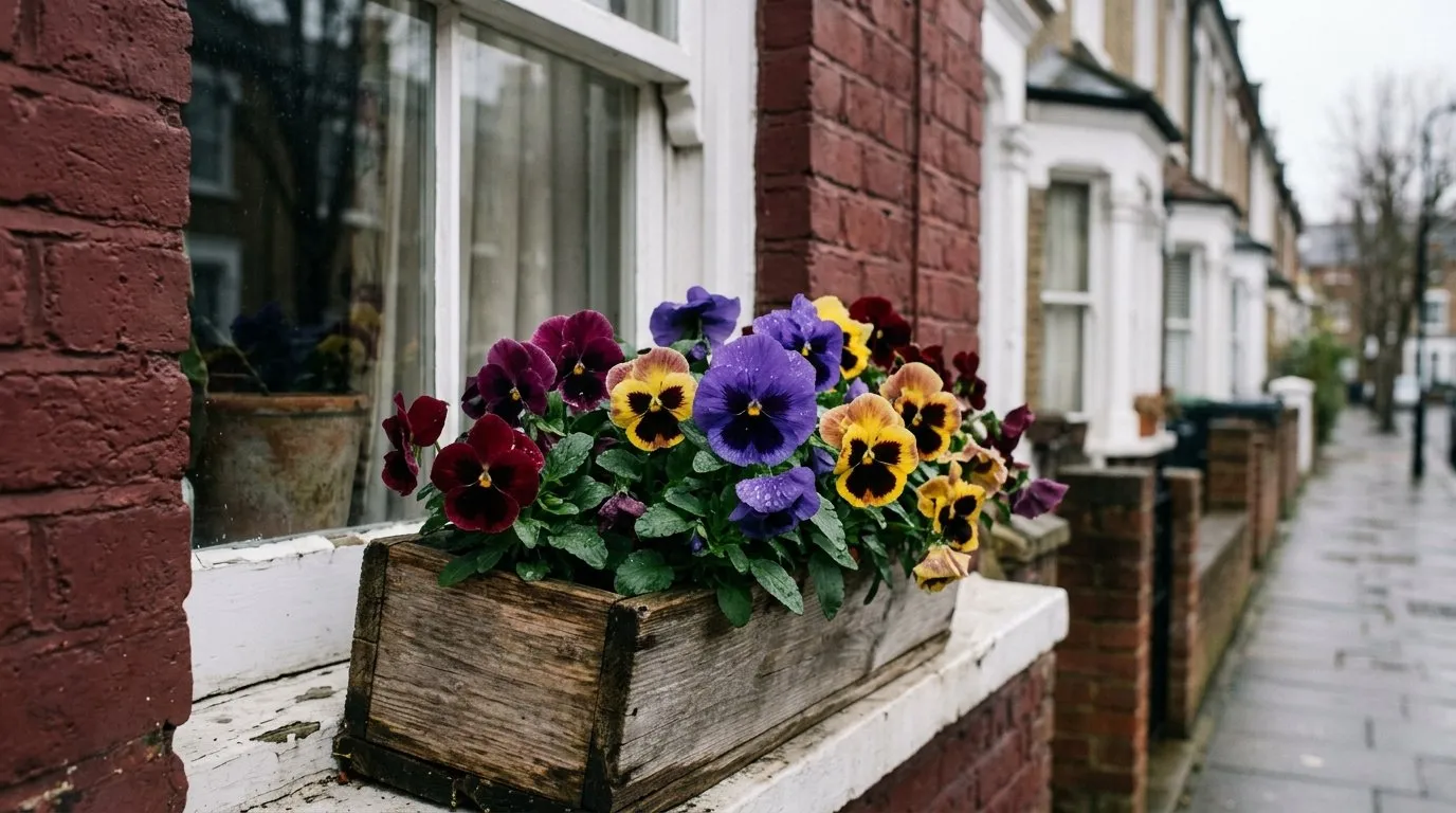 Winter bedding plants window box of pansies on a London terraced house windowsill