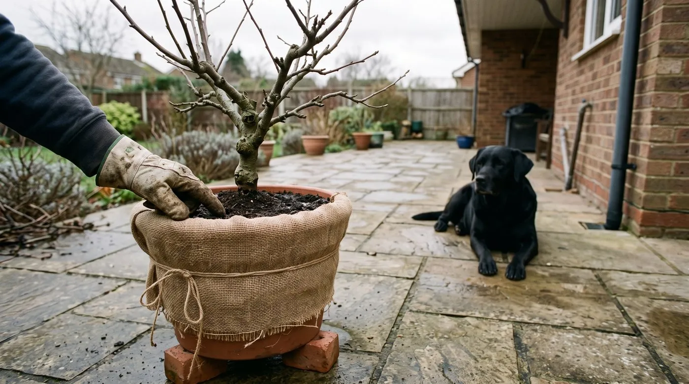 Gloved hand testing the compost of a hessian-wrapped apple tree pot raised on bricks on a winter patio