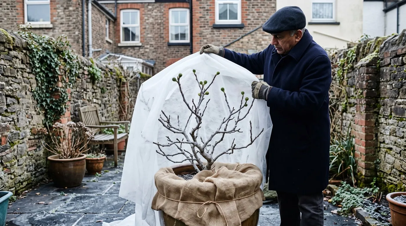 Gardener draping fleece over a potted fig tree with small overwintering fruits on a frosty patio