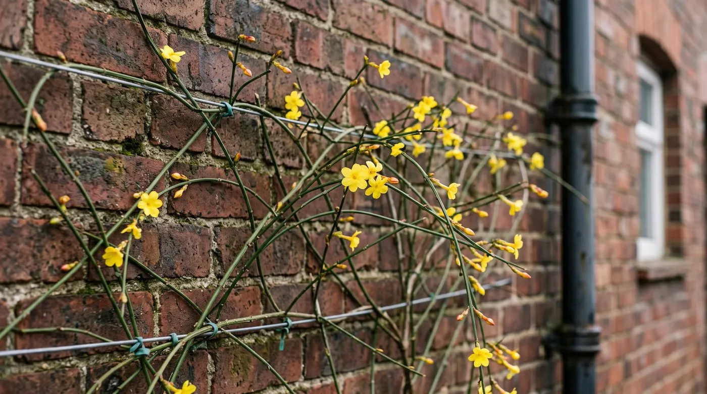 Yellow winter jasmine flowers on bare green stems tied to wires on a UK brick wall in January