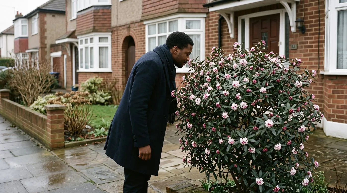 Man stopping on a front path to smell a pink-flowered Daphne bholua planted beside the door in winter