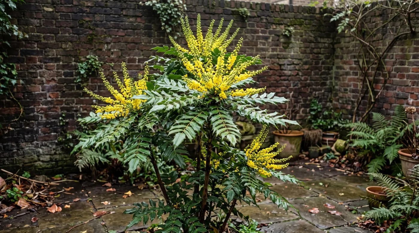 Mahonia Charity with upright sprays of yellow flowers above spiny evergreen leaves in a shady courtyard