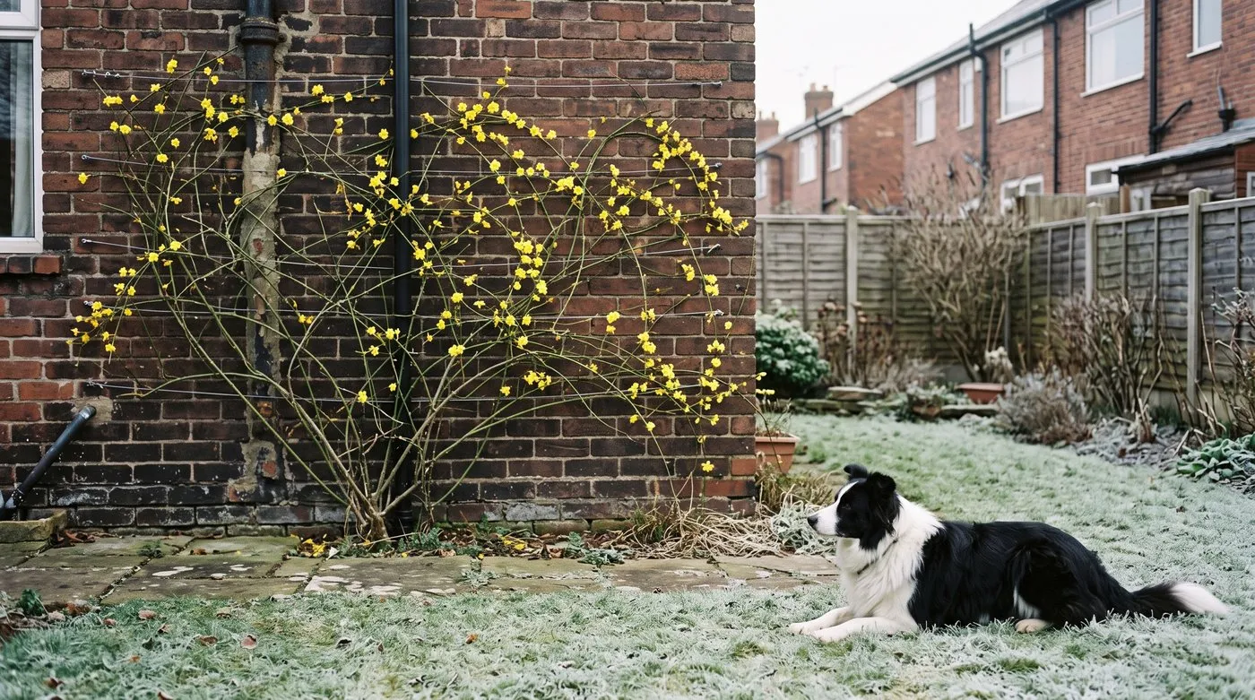 Winter jasmine with yellow flowers on green stems trained against a brick wall, with a collie on the frosty lawn
