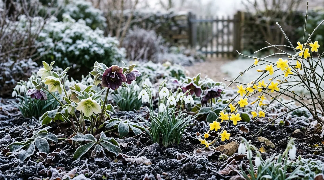 Winter flowering hellebore with pale pink blooms nodding above dark green foliage in a shaded UK garden border