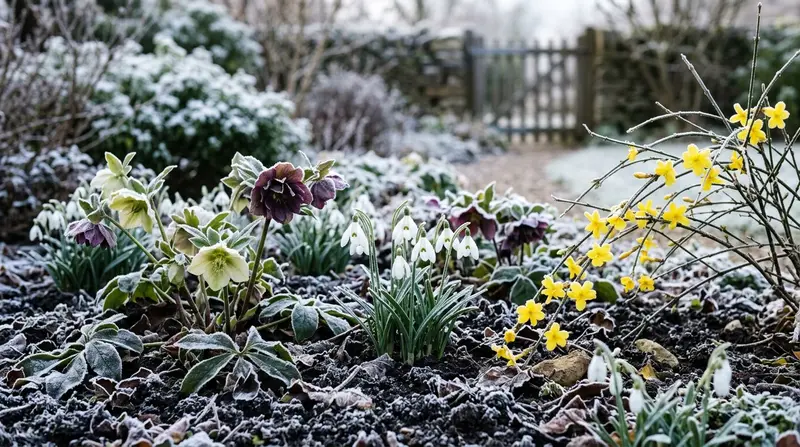 Winter flowering hellebore with pale pink blooms nodding above dark green foliage in a shaded UK garden border