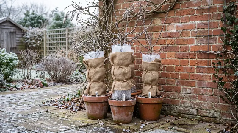 UK garden in winter with three potted dwarf fruit trees wrapped in hessian and fleece