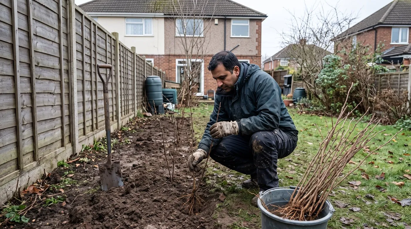 Gardener planting bare-root hawthorn hedging whips along a fence in winter, with a bucket of whips beside him