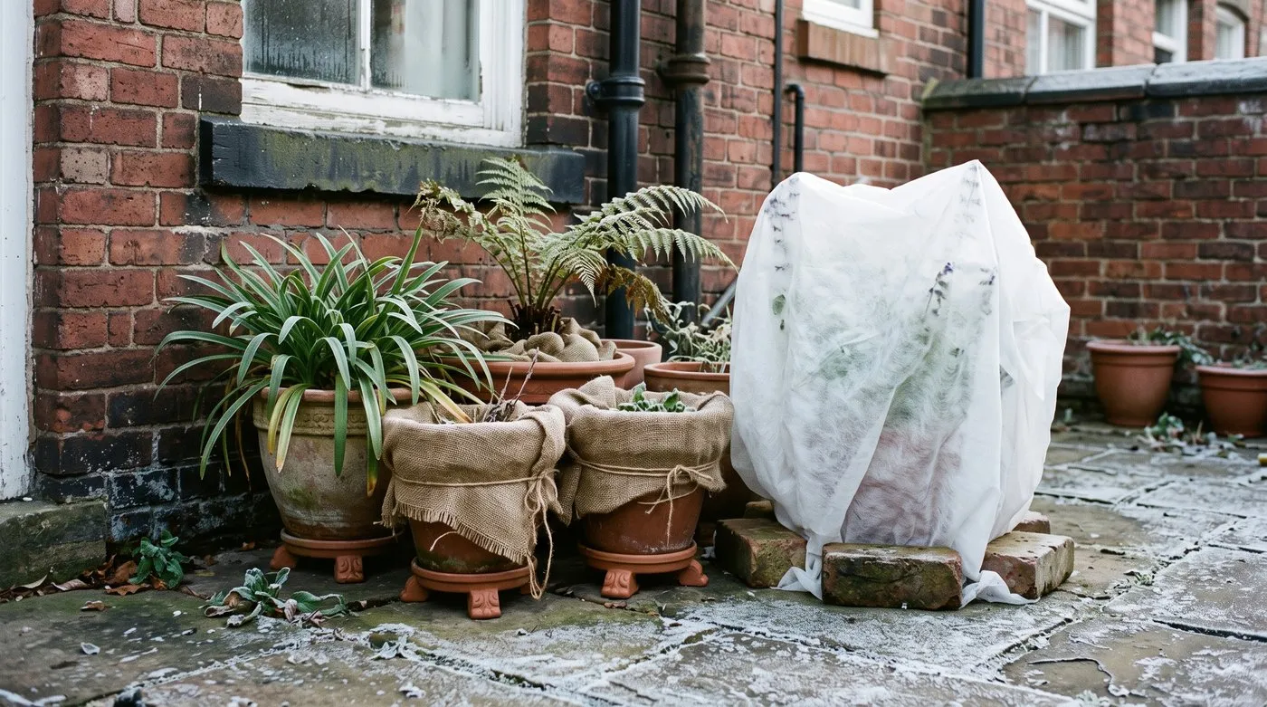 Wrapped pots grouped against a house wall with a tender plant under fleece on a frosty courtyard