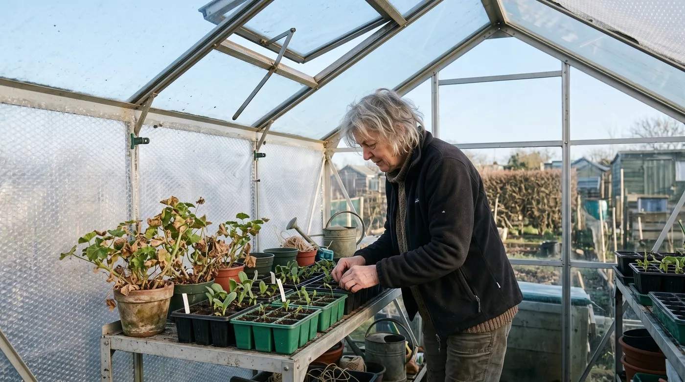 Gardener checking seedlings in a bubble-wrap lined greenhouse with the roof vent open