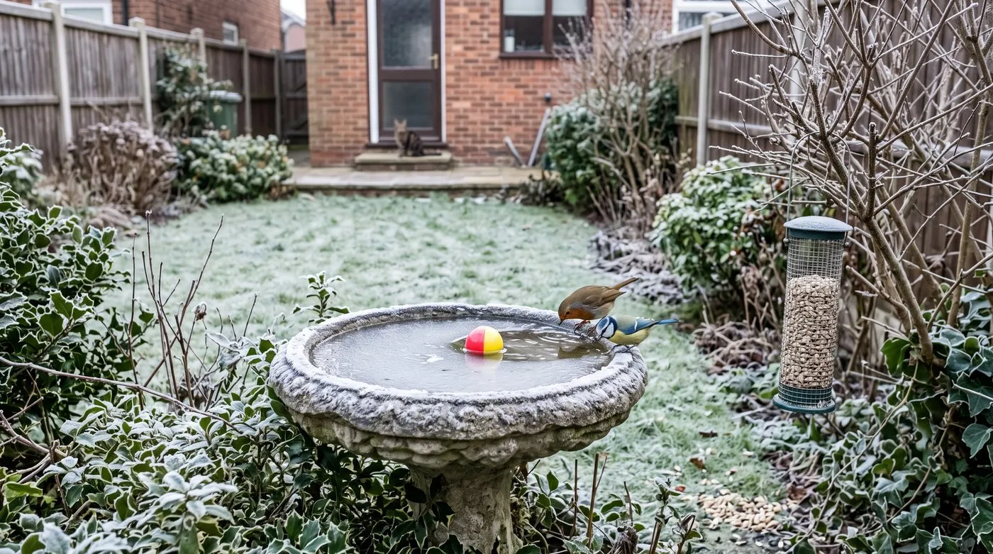 Robin and blue tit drinking from an ice-free bird bath in a frosty garden