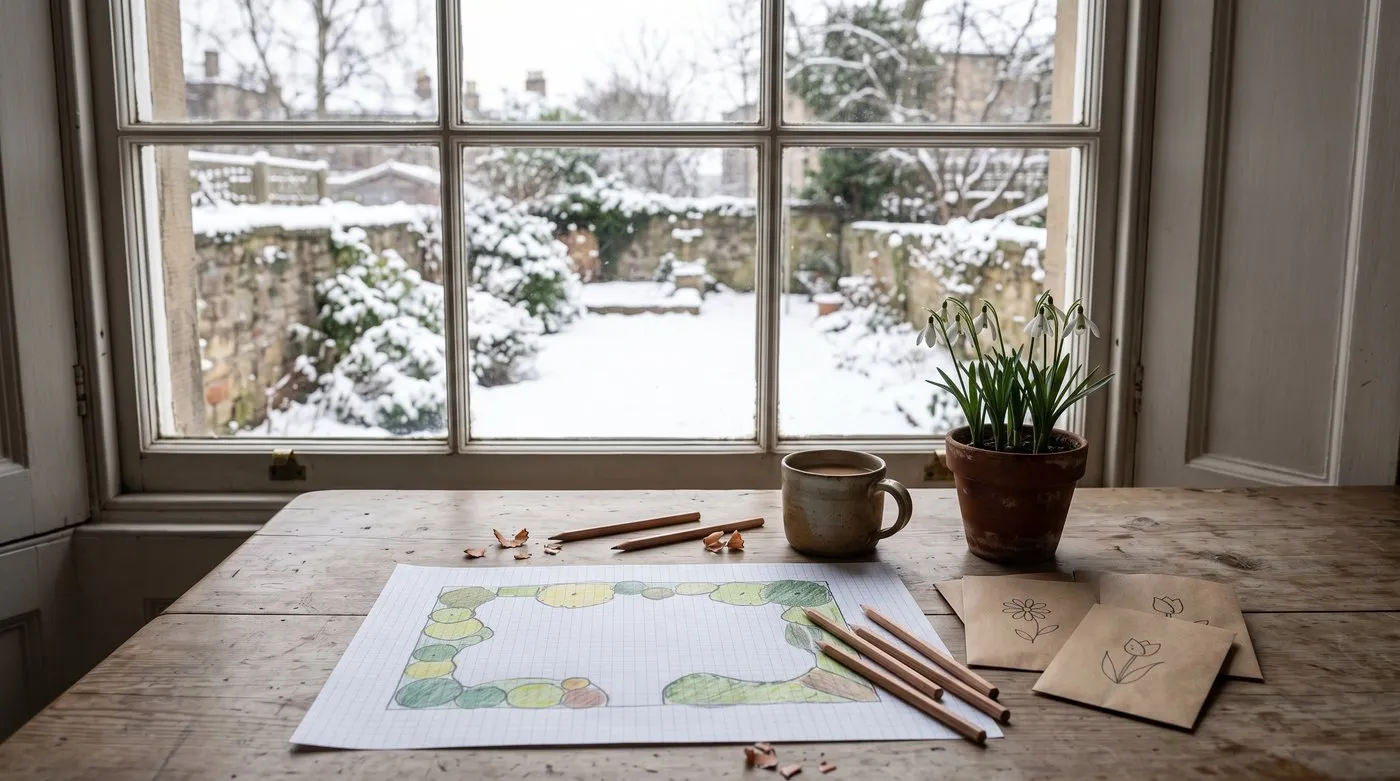 Garden border plan on squared paper with seed packets and a mug of tea on a table by a snowy window